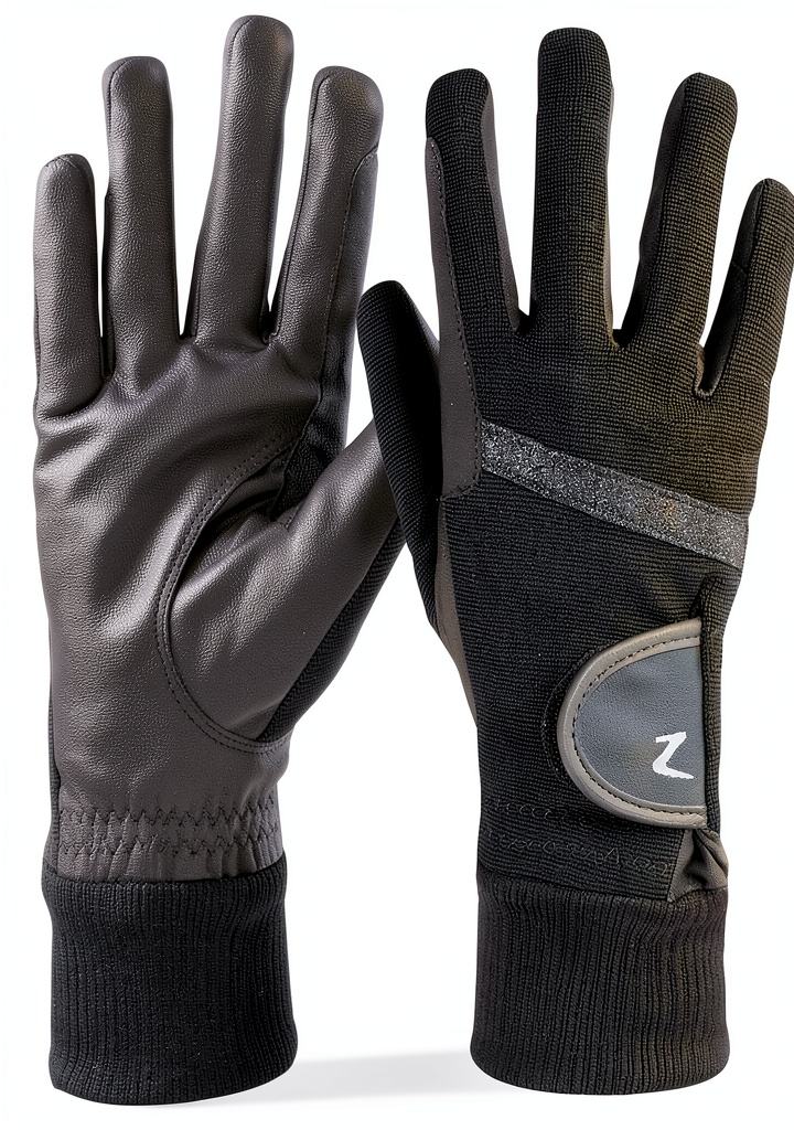 Equestrian rider wearing HORZE black riding gloves in a stable
